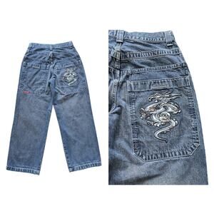 Vintage JNCO Tribal Jeans Youth 16 Blue-Gray Cyber Dragon Baggy Skater Y2K